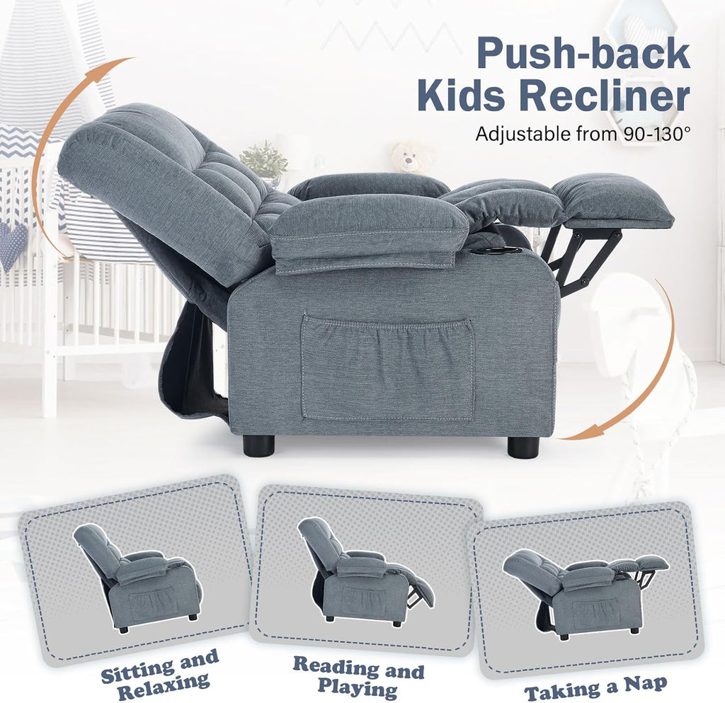 BOSMILLER Kids Recliner Chair， Push Back Toddler Recliner with Cup Holders & Side Pockets， Adjustable Footrest & Headrest Kids Sofa for Boys Girls 3+ Age Group