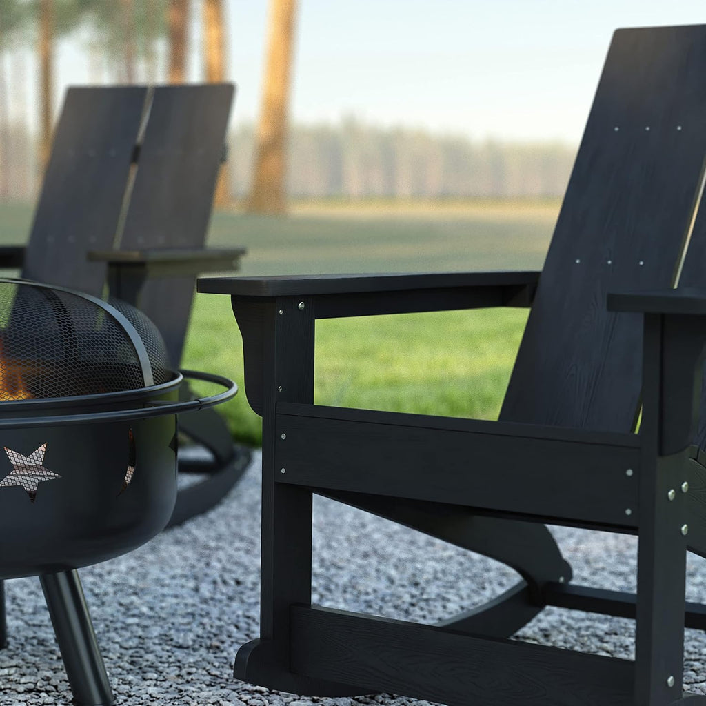 EMMA + OLIVER Harmon Adirondack Rocking Chair - Black Poly Resin - Suitable for Indoor/Outdoor Use - All Weather Materials - Easy Assembly - 350 lb. Weight Capacity