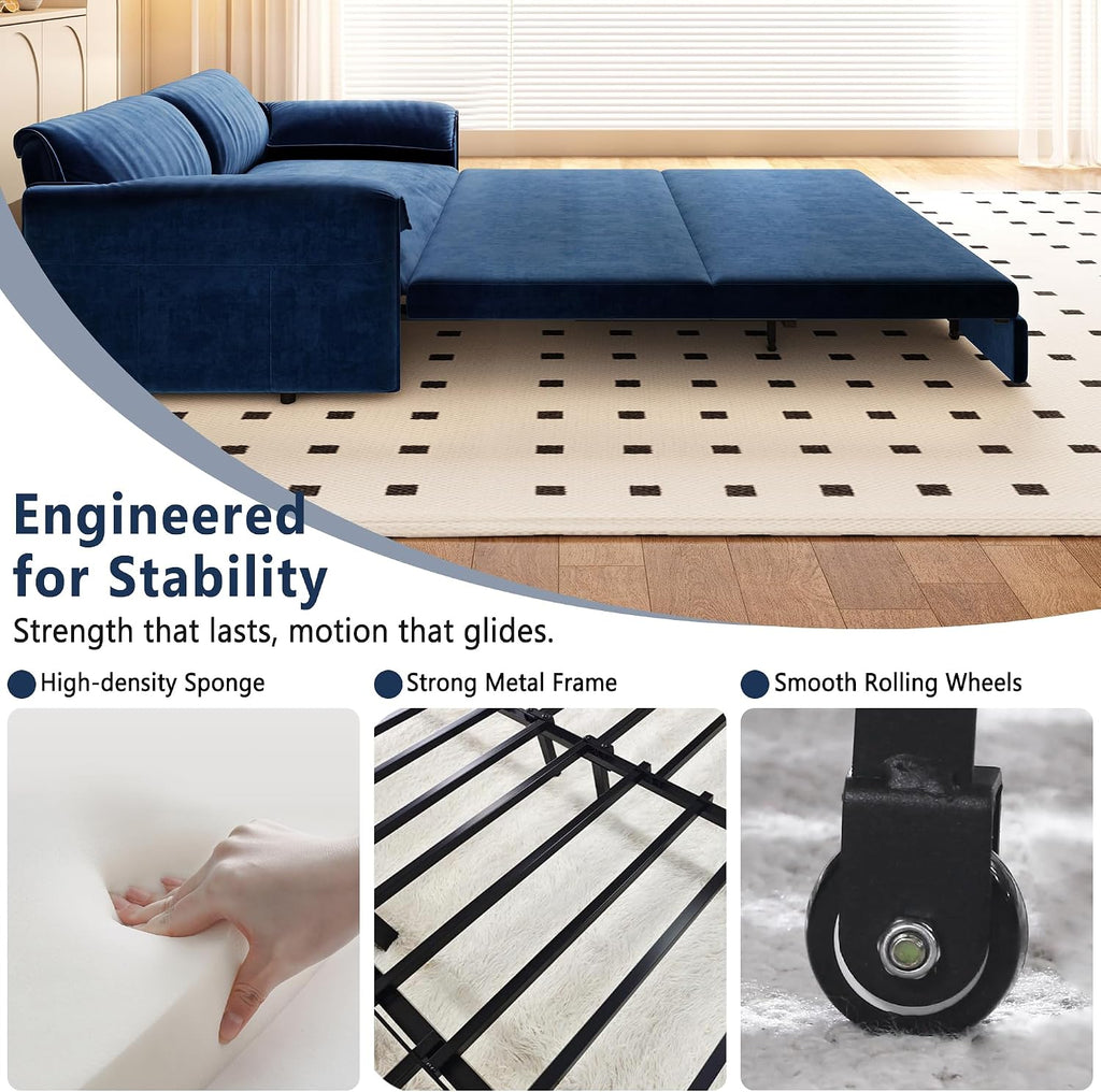 63.8' Sofa Bed Queen Size, Pull Out Couch Bed, 3-in-1 Convertible Sleeper Sofa with Side Pocket, Modern Velvet Futon Couch for Living Room, Small Space, Apartment, Bedroom, Blue