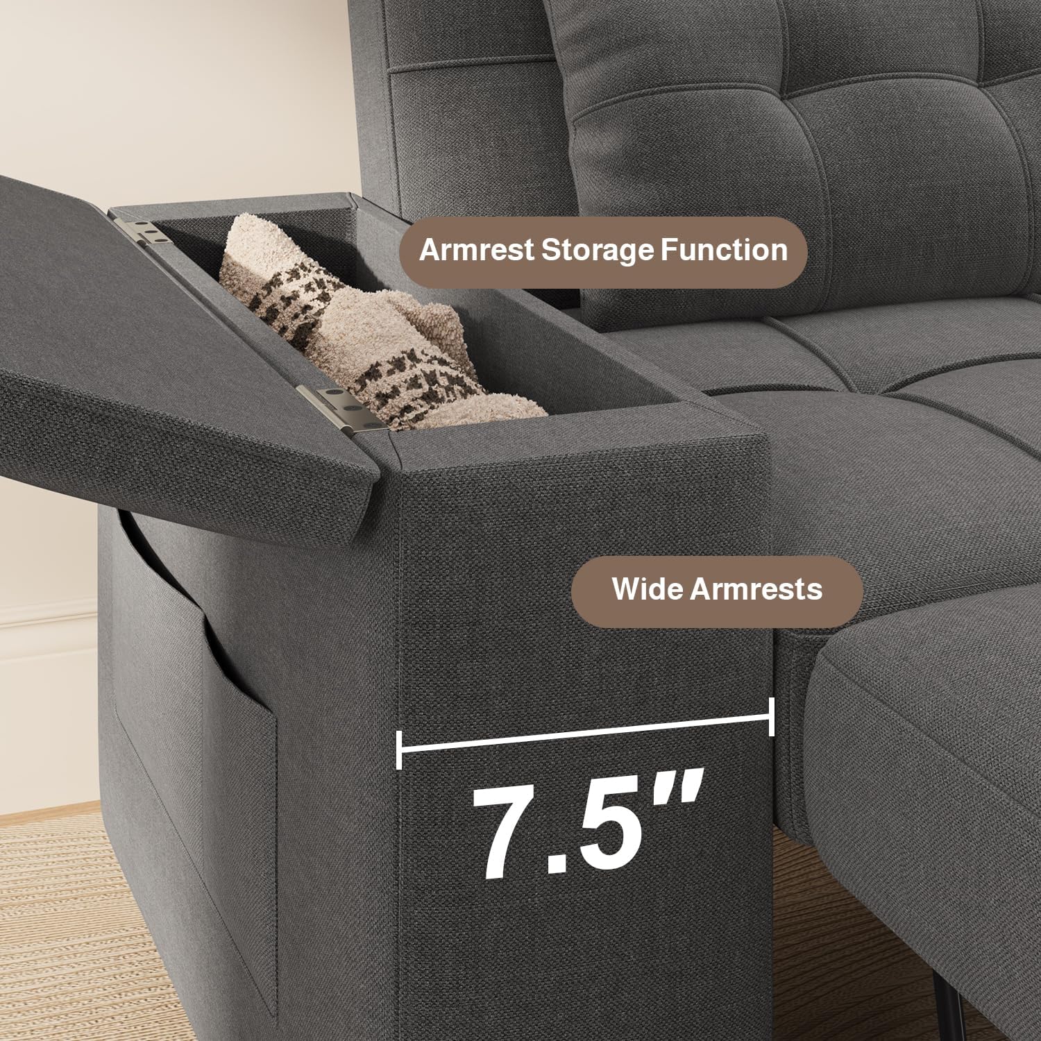Ahomly 87' Convertible Sofa Bed – Space-Saving Sleeper with Pull-Out Design, Adjustable Backrest, Wide Armrests with Storage, Plush Cushions, Cozy for Small Spaces (Dark Grey)