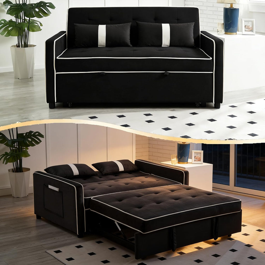 Convertible Velvet Sofa Bed with Pull-Out Bed & Side Storage Pockets, Modern Sleeper Sofa for Living Room, Apartment, Small Spaces, and Bedroom (7705-Black)