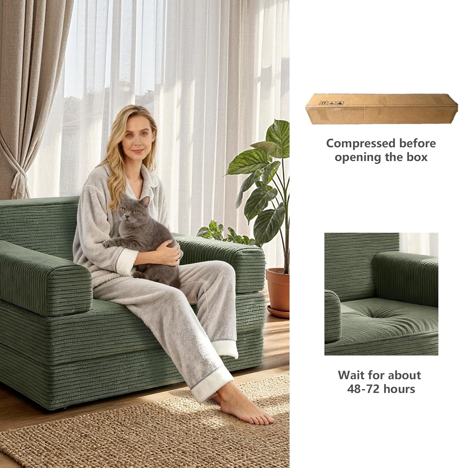 YEPDIN Folding Sofa Bed,Convertible Sofa Bed with Armrest Foldable Sleeper Chair, Portable Folding 4-in-1 Floor Sofa with Convertible Lounge Chair for Living Room,Bedroom,Washable Cover,Green Single