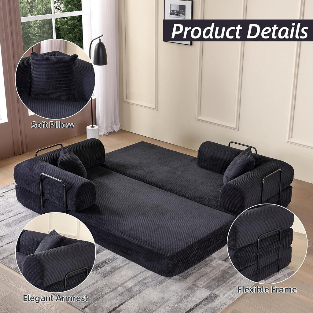 Convertible Folding Sofa Bed,Fold Out Floor Sofa Couch with Fixed-Shape Frame,Corduroy Foldable Mattress Cloud Couch for Living Room Bedroom (Black, 78 Inch)