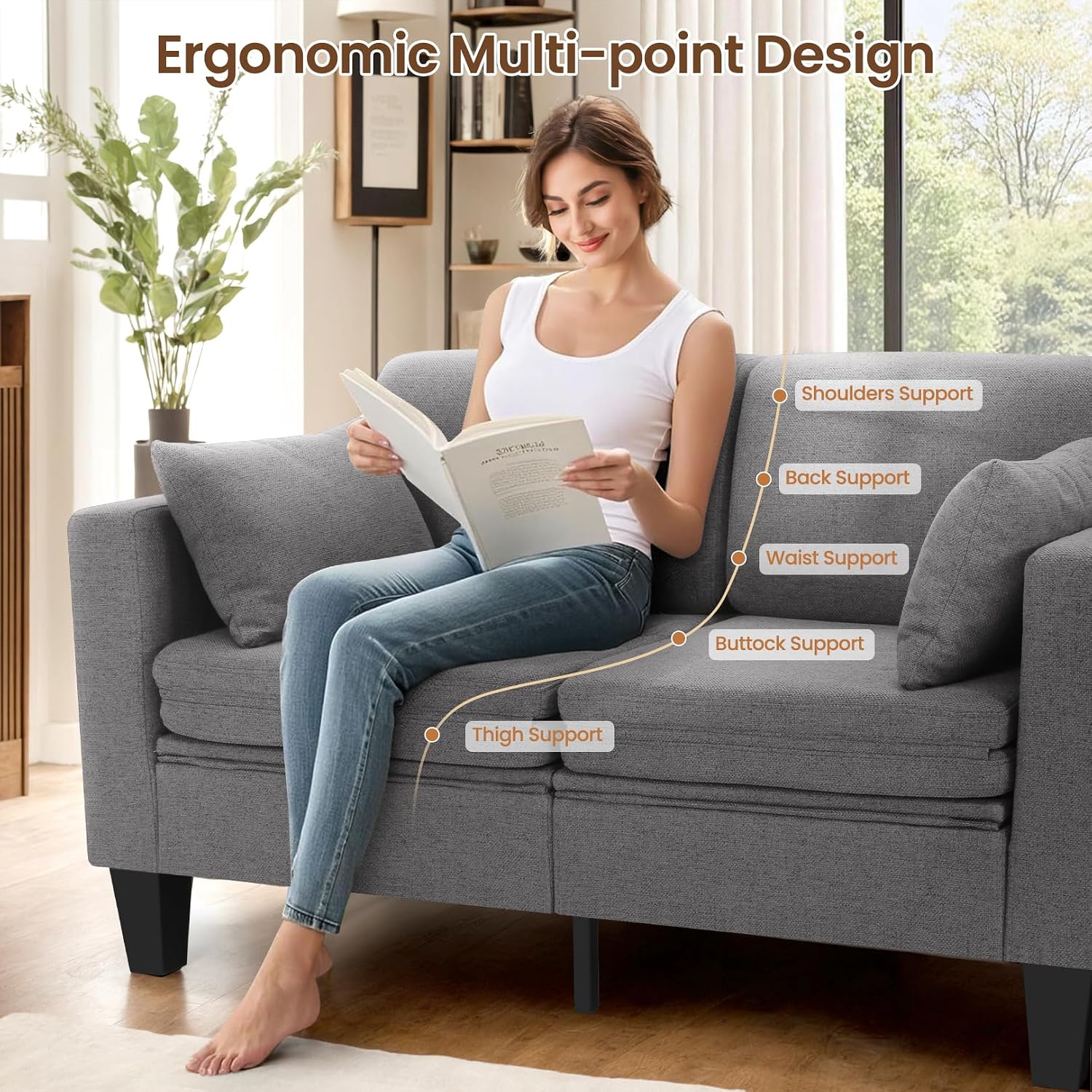 SEJOV 6-in-1 Convertible Sofa Bed, 58' Loveseat Sleeper Sofas with Pull Out Couch Bed, Removable Backrest, Storage Pockets and 2 Pillows, Modern Folding Linen Futon Couch for Small Spaces, Gray