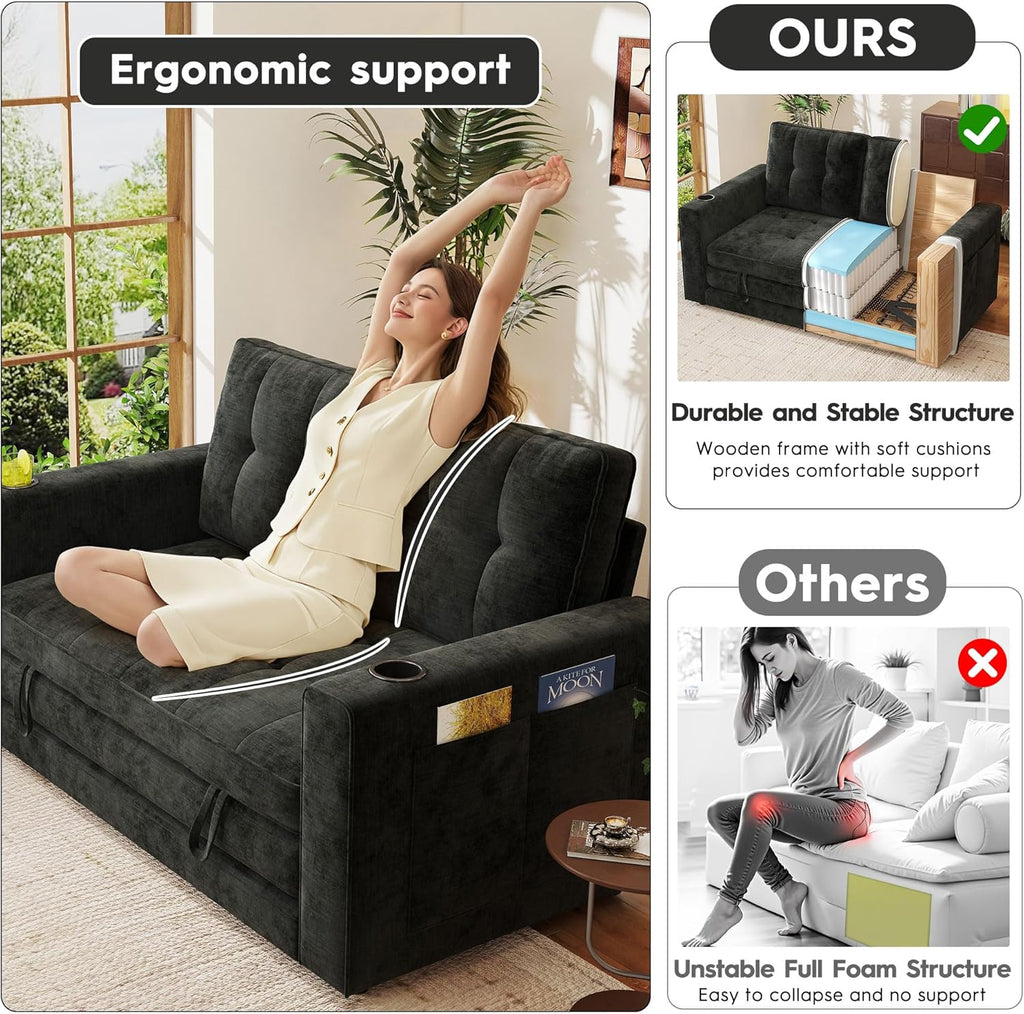 55' Convertible Folding Sofa Bed, Pull Out Couch Love Seat Sleeper Bed, Small Fold Out Loveseat Sleeper with Cup Holder and Pillow for Small Space, Bedroom Lounge, Dorm, Living Room(Black Chenille)