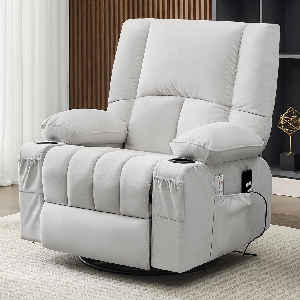 Rocker Recliner Chair with Heat and Massage, 360° Swivel Recliner Chairs for Adults, Oversized Recliner Single Sofa Seat with Cup Holders, Lazy Boy Recliner Single Sofa (Electric, Grey)
