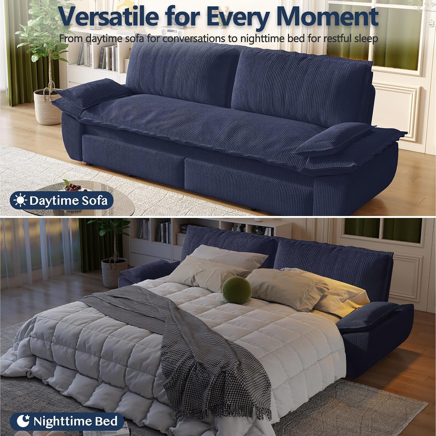 73.2' Sofa Bed Queen Size, Pull Out Couch Bed, 3-in-1 Convertible Sleeper Sofa with Cushion Armrest, Modern Corduroy Futon Couch for Living Room, Small Space, Apartment, Bedroom, Dark Blue