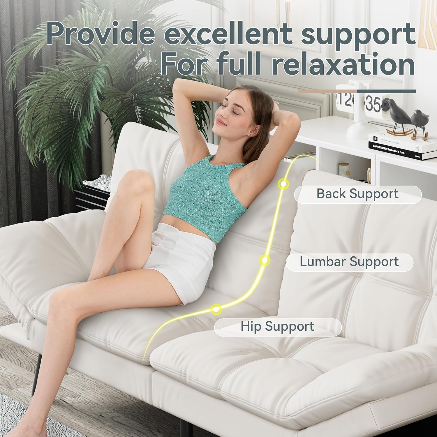 Futon Sofa Bed Convertible Couch, White Faux Leather Sofa Bed with Memory Foam, Adjustable Backrest & Armrests, Multifunctional Small Loveseat Sleeper Sofa for Living Room, Apartment, Office