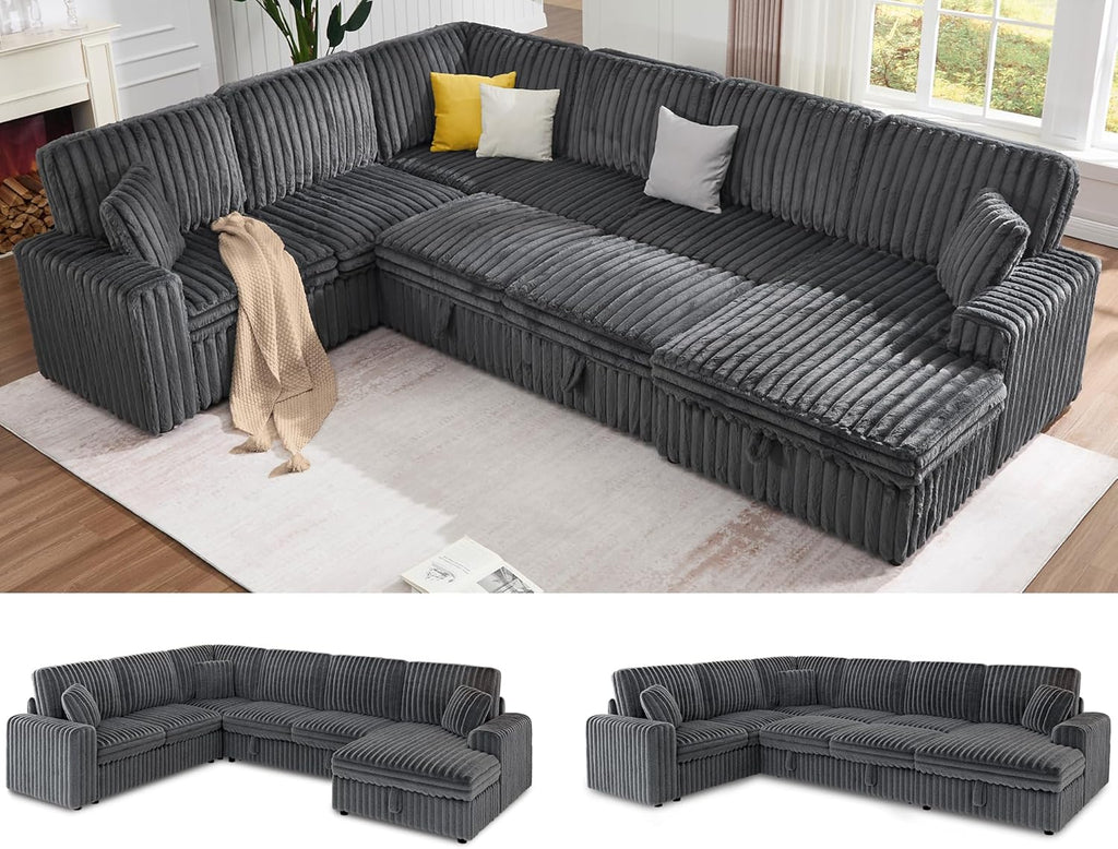 Jocisland 130' Sofa Bed, Sleeper Sofa, Pull Out Sleeper Couch with Storage, Convertible 6-Seater Sofa Bed for Living Room, Faux Fur Dark Grey