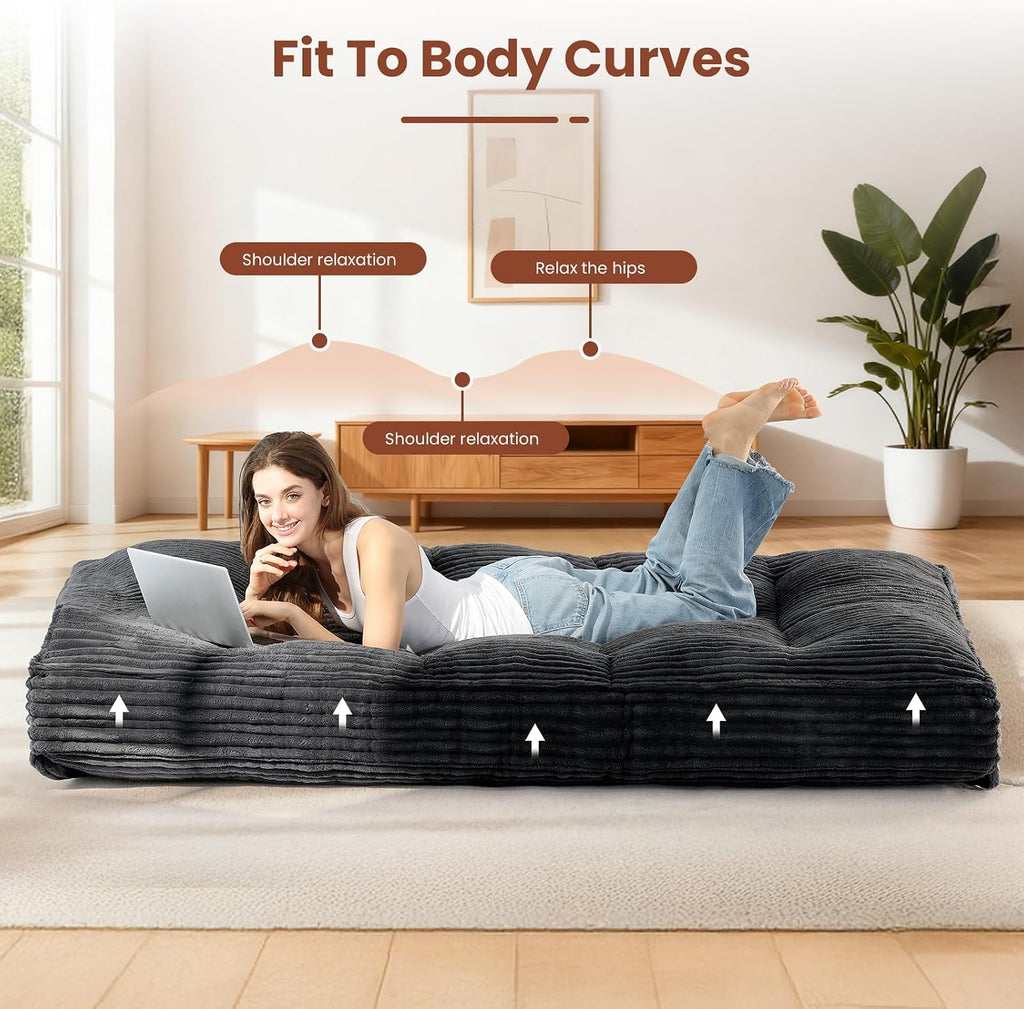 10 Inch Thick Futon Mattress, Shredded High Density Foam Floor Mattress, Portable Foldable Sleeping Mattress, Corduroy Lounger Bed for Guest Room Dorm Apartment Camping Travel