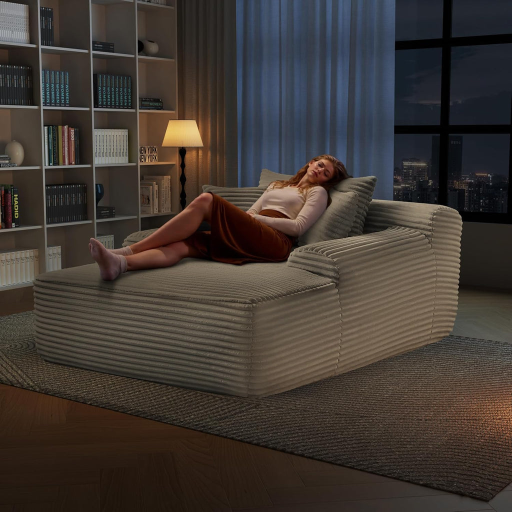 65'' Chaise Lounge Chair Indoor, Beige Plush Corduroy Cloud Couch, Fluffy Oversized Sofa Bed for Bedroom Living Room, Comfy Boneless Reading Longue Chair Sleeper Sofa No Assembly