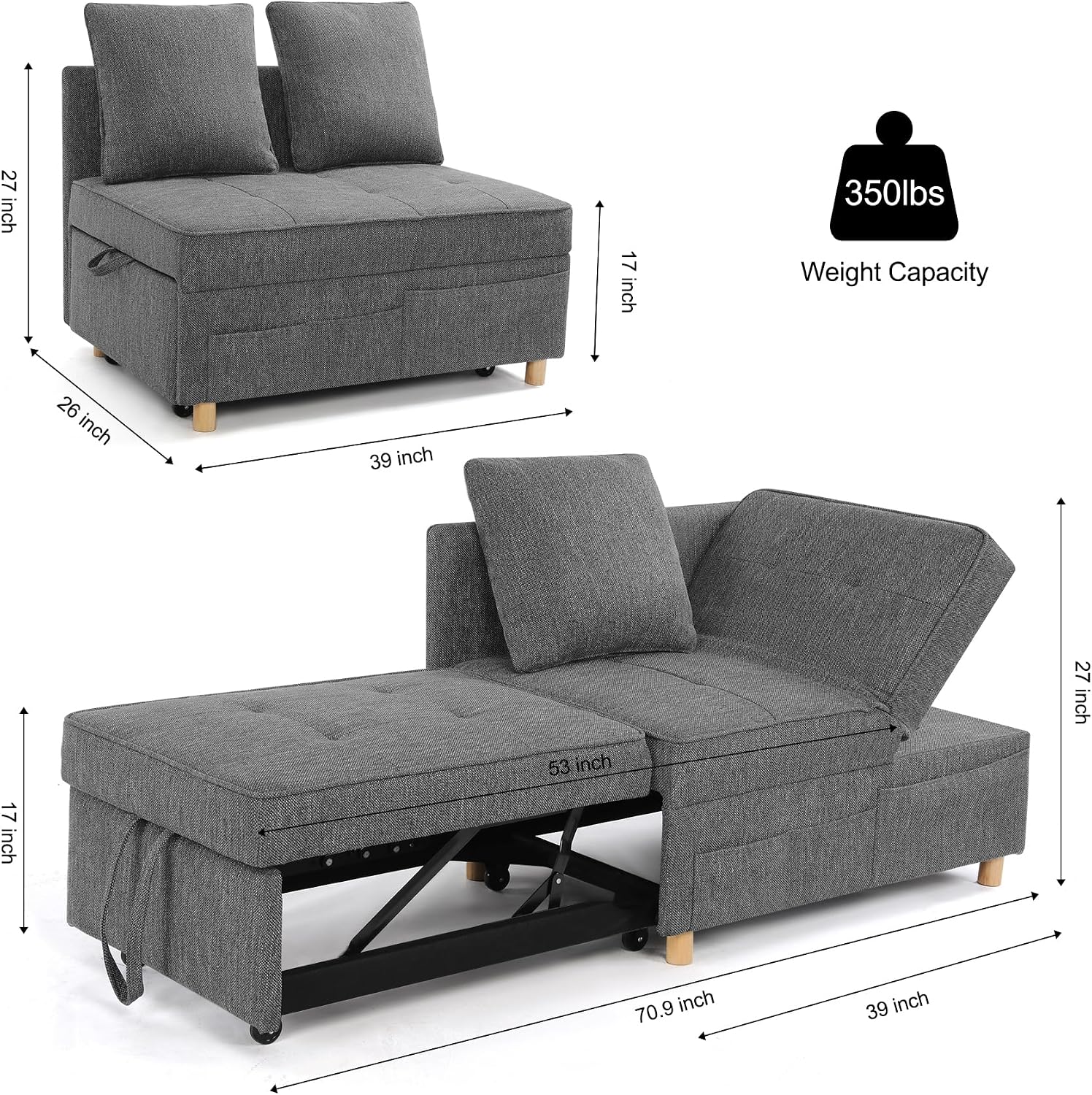 SEJOV Sofa Bed 4-in-1 Convertible Sofas & Couches, 3-Seat Linen Fabric loveseat Sofa with 2 Throw Pillow, Single Recliner for Small Space with 5 Adjustable Backrest, Dark Grey