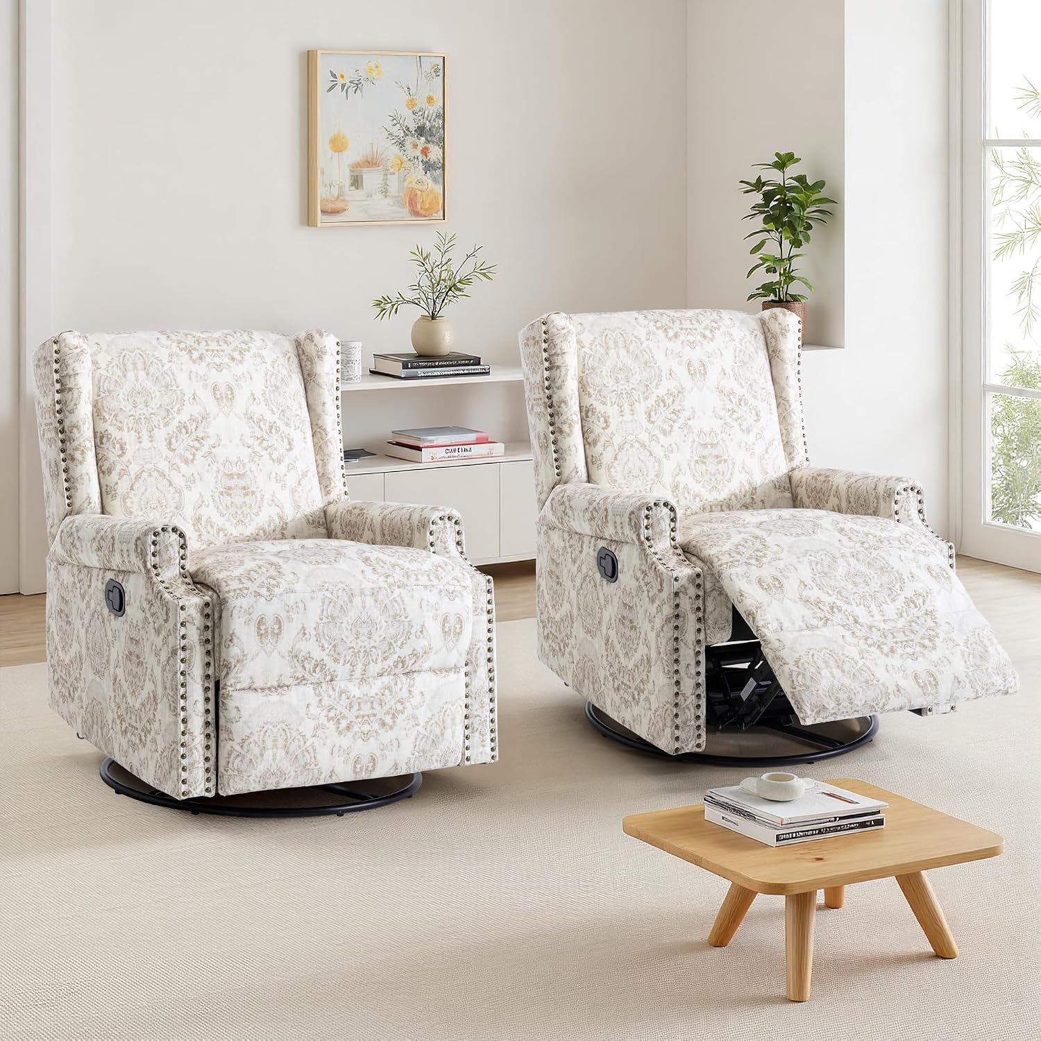 Lumibee Swivel Rocker Recliner Chair Set of 2, Printed Fabric Swivel Glider Rocking Chair with High Back, Upholstered Deep Seat Wingback Recliner Chair for Living Room Bedroom, Beige