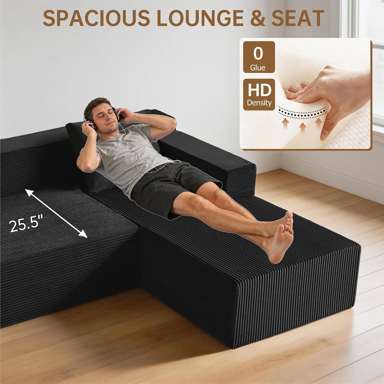 Nigoone 103' Cloud Sectional Sofa, Boneless L-Shape Couch with Chaise, Modern Minimalist Modular Couch for Living Room, Free Combination, Deep Seat, No Assembly Required, Premium Corduroy, Black, R