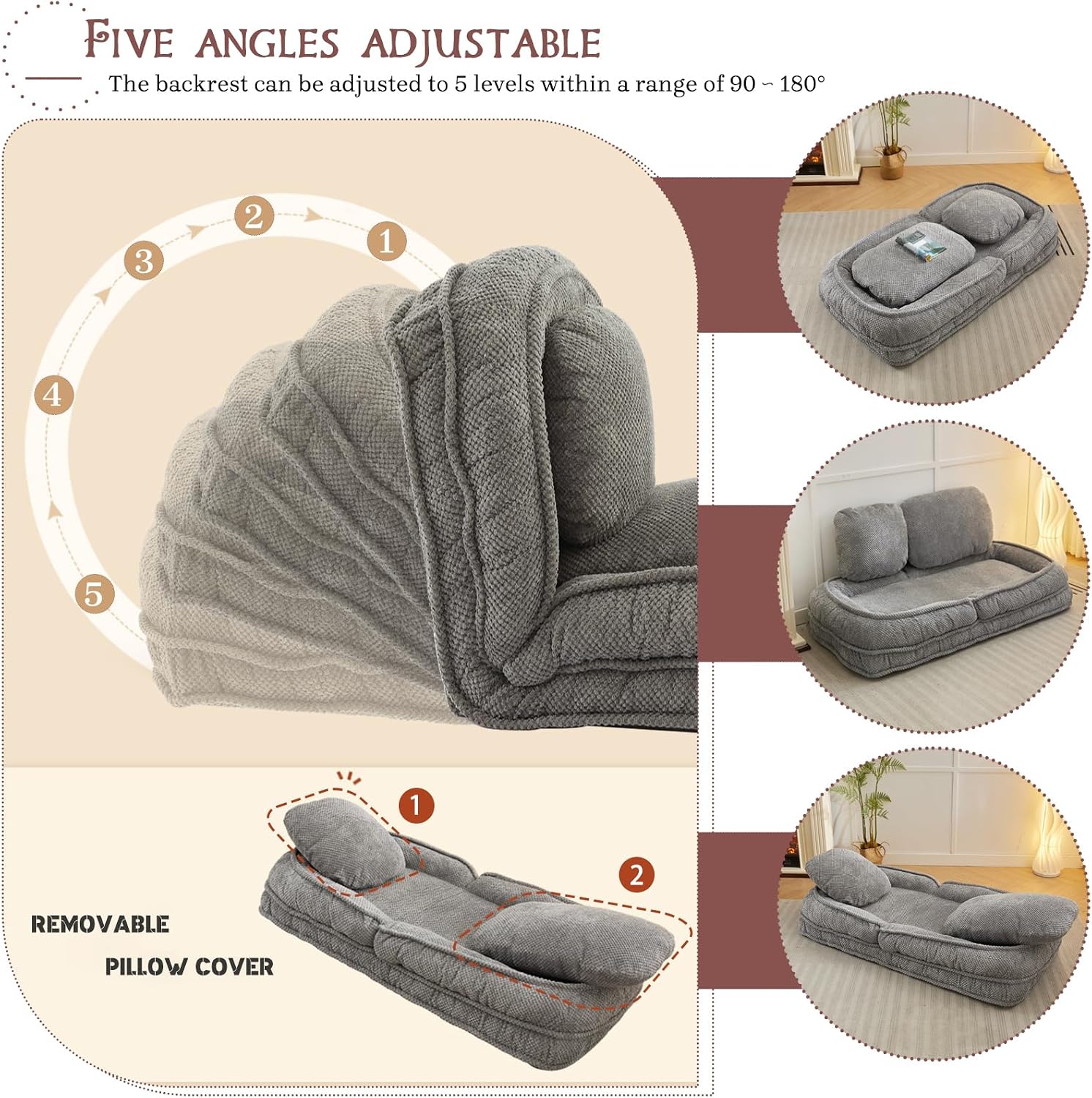 Upholstered Human Dog Bed for Adult & Pets, Convertible Lazy Sofa Bed with 5 Adjustable Position, Comfy Tatami Bean Bag Lounge Chair with 2 Soft Pillows for Bedroom Living Room Office (Gray)