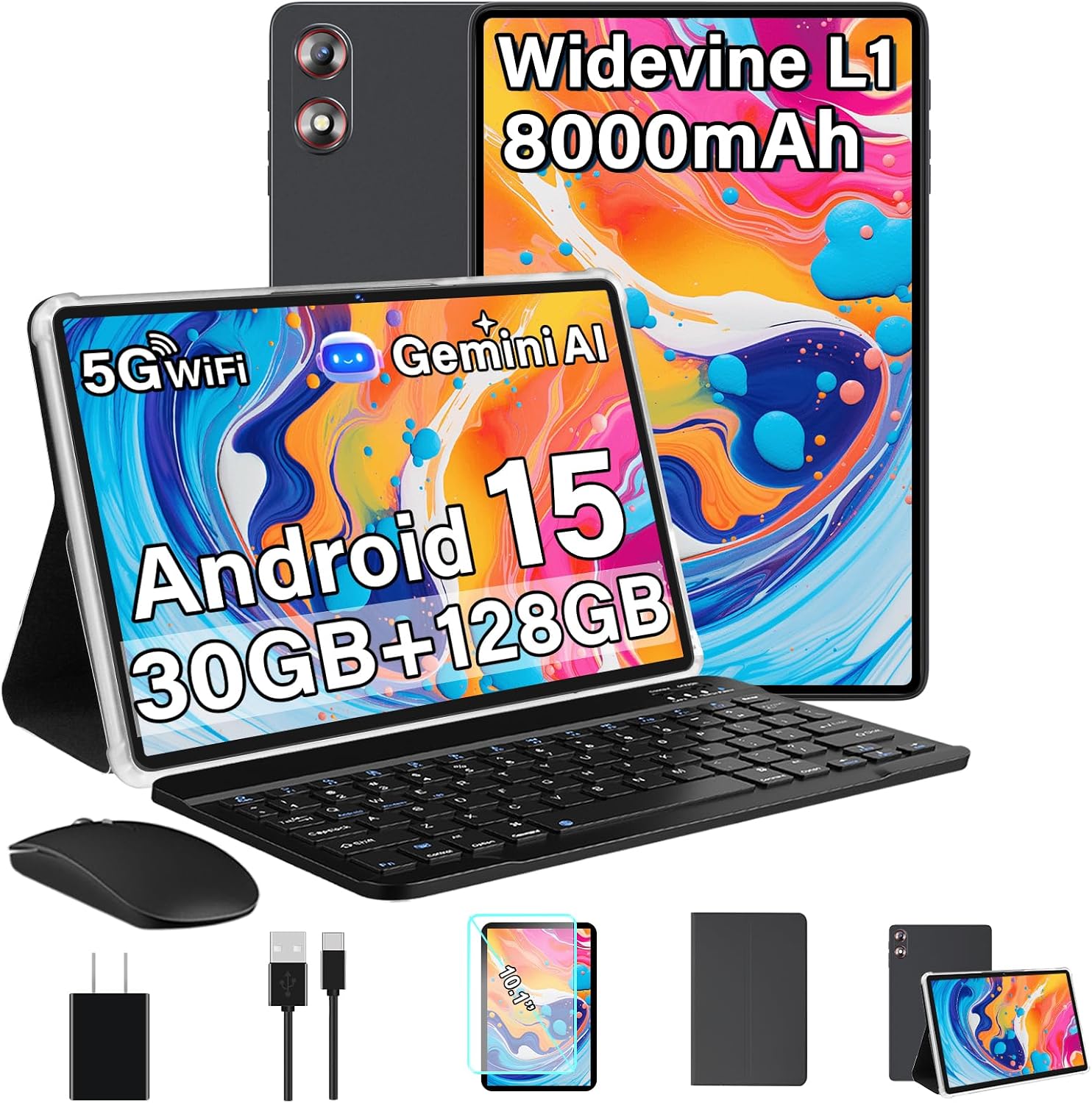 Android 15 Tablet 30GB+128GB+1TB Expand, 2026 10.1 Inch Octa-Core 8000mAh Electronics Tablets with Keyboard Mouse, Gemini AI, 5G WiFi, 1280x800 IPS Touchscreen, GPS, BT5.0, Widevine L1 -Metal Black