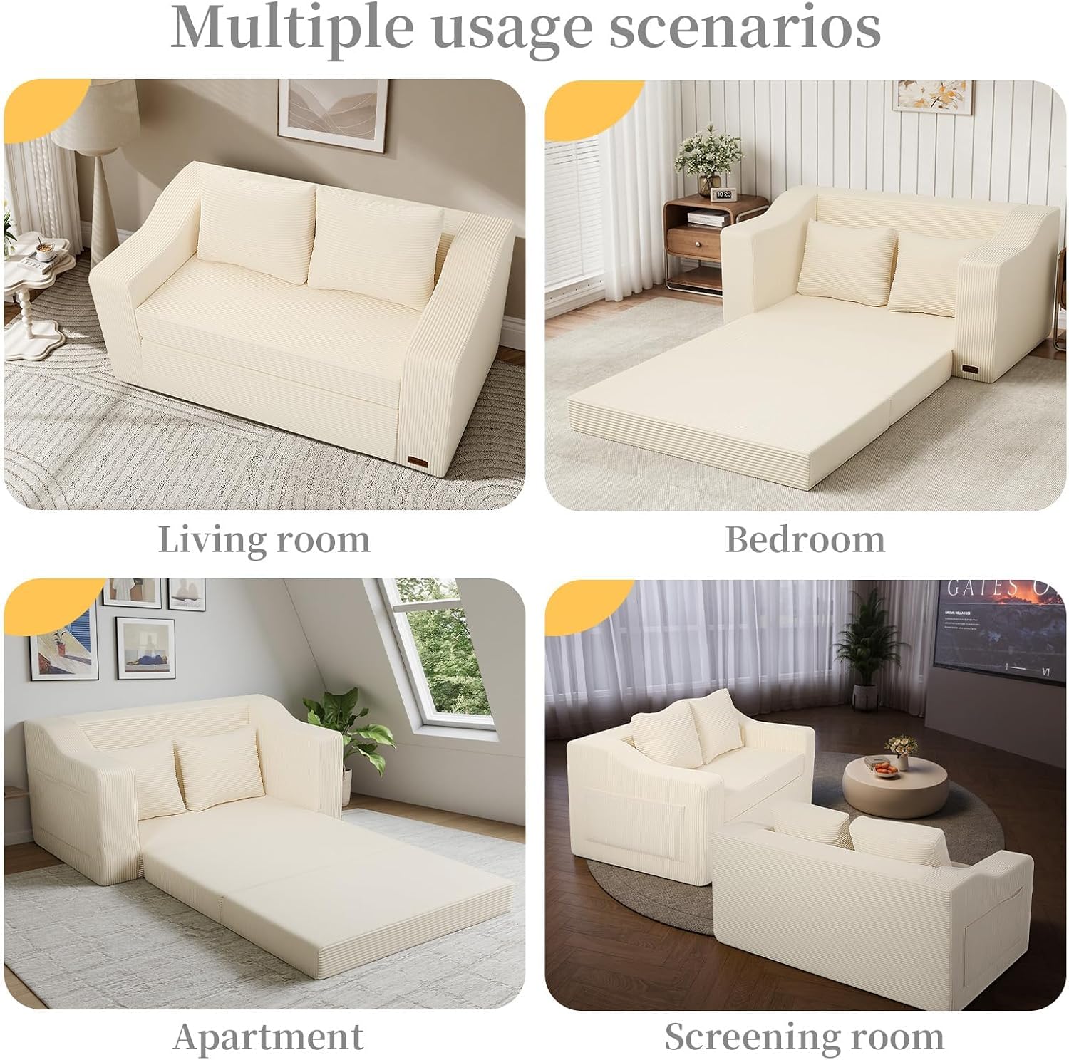 MeMoreCool Convertible Sofa Bed, Pull Out Loveseat Sofa Sleeper Couch for Bedroom Living Room Lounge, 2 in 1 Small Couch Bed with Pillow, Foldable Love Seat Futon Corduroy Beige