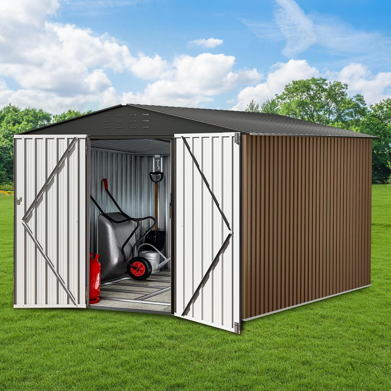 Large Metal Storage Shed, 10x10 FT Outside Storage Shed, Outdoor Storage Tool Shed with Lockable Doors and Air Vents, Garden Sheds for Backyard