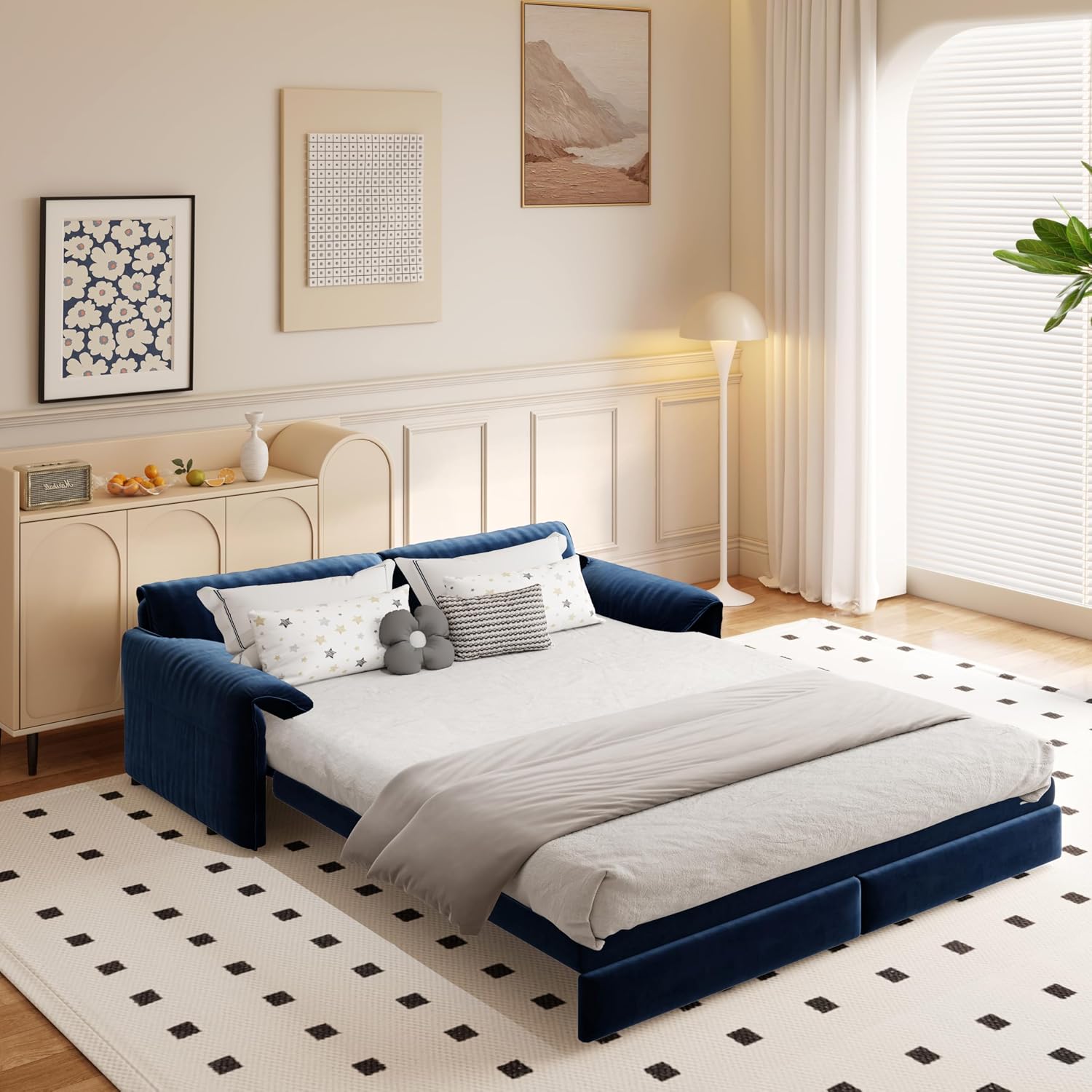 63.8' Sofa Bed Queen Size, Pull Out Couch Bed, 3-in-1 Convertible Sleeper Sofa with Side Pocket, Modern Velvet Futon Couch for Living Room, Small Space, Apartment, Bedroom, Blue