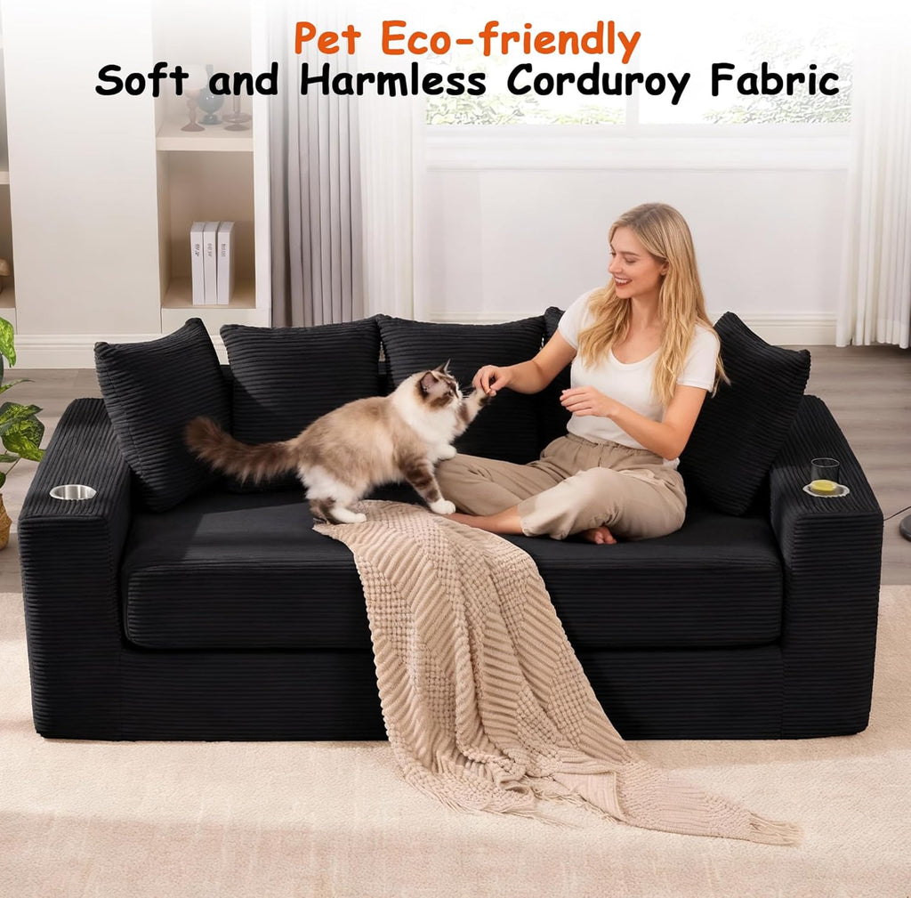 76' Convertible Sofa Bed, 2-in-1 Boneless Sleeper Sofa with Cup Holder & Pocket, Corduroy Pull Out Couch with 5 Pillows, Couch Bed for Living Room, Small Spaces, Bedroom, No Assembly