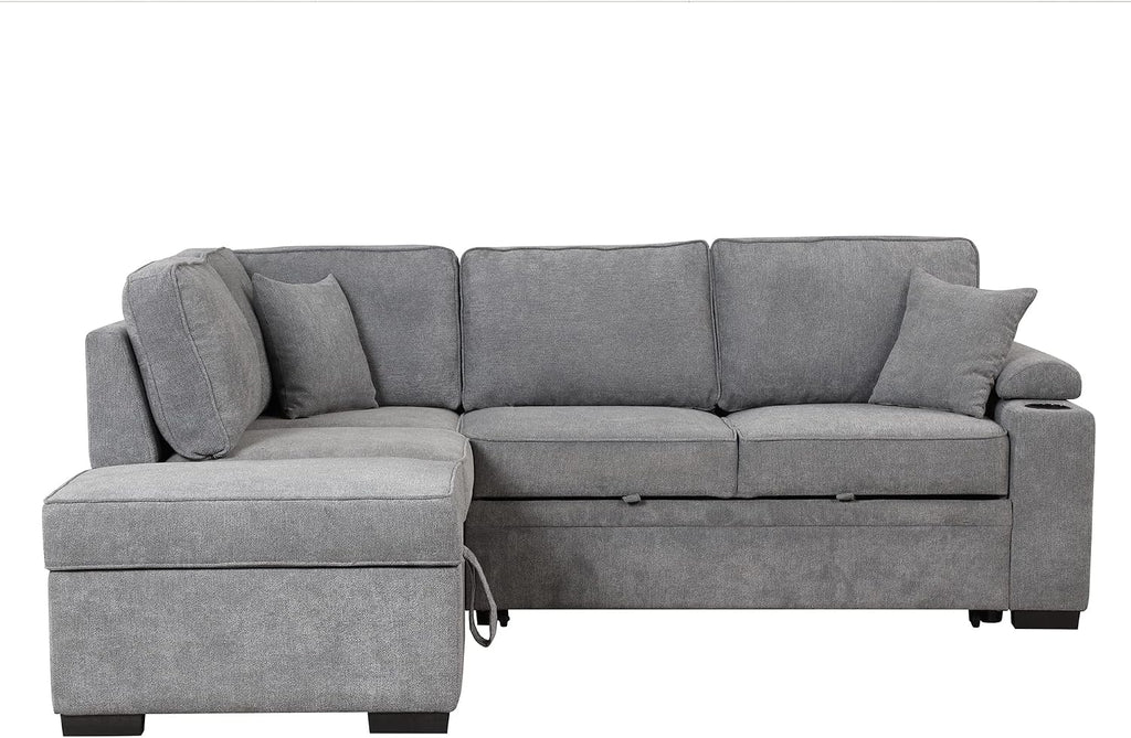 LUMISOL 87' Convertible Sleeper Sofa with Storage Ottoman, Pull Out Sofa Bed with Cup Holders & Charging Stations, L-Shaped Sectional Couch with Chaise for Living Room, Gray