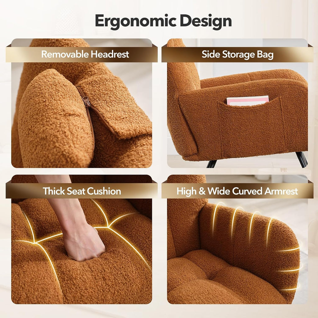300lb Capacity Nursery Glider Rocker,Teddy Upholstered with Wood Legs for Living Room,Bedroom Nursery Includes Side Pockets