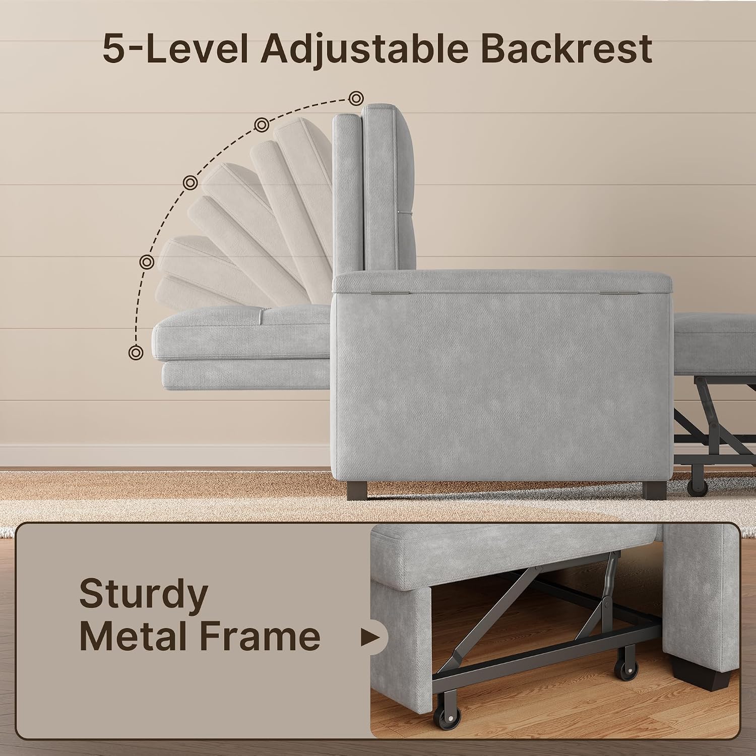 Gizoon Convertible Sofa Bed Futon, 70.9'' Sleeper Loveseat with Pull Out Couch, 3 in 1 Plush Fleece Fabric Futon Couch with Side Pockets, Storage Armrest & Adjustable Backrest for Living Room, Grey