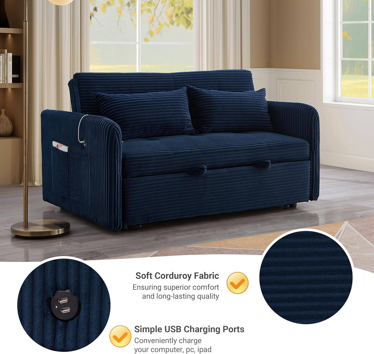 55.5' Corduroy Convertible Sofa Bed, Pull Out Sleeper Sofa Bed, Loveseat Couch with USB Charging Ports, 3 in 1 Convertible Sleeper Sofa Bed for Living Room, Apartment, Bedroom, RV, Blue