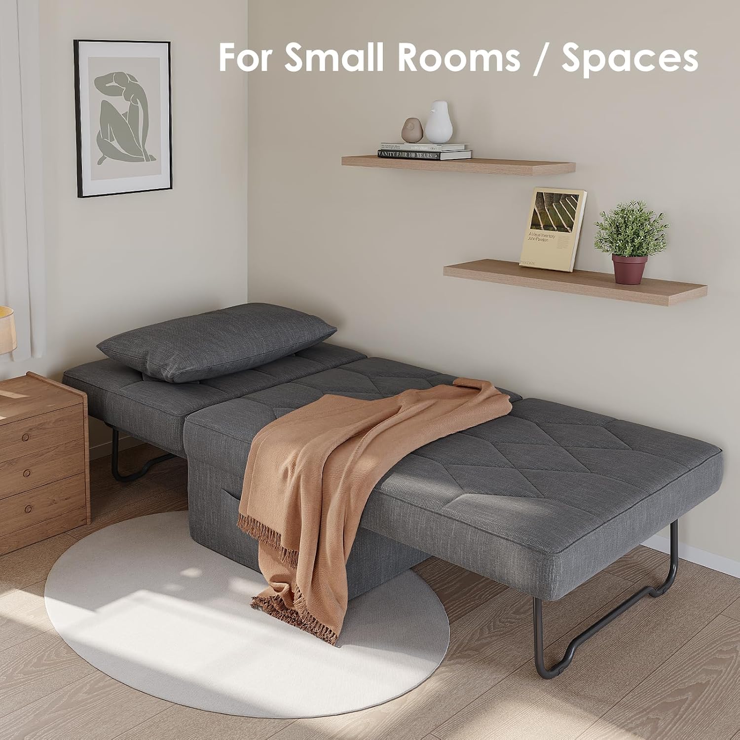 Ottoman Bed with 5-Level Adjustable Backrest, 70' D x 34' W 4-in-1 Convertible Sleeper Chair Bed, Folding Sofa Bed for Living Room, Apartment, Dorm & Small Space, Dark Grey