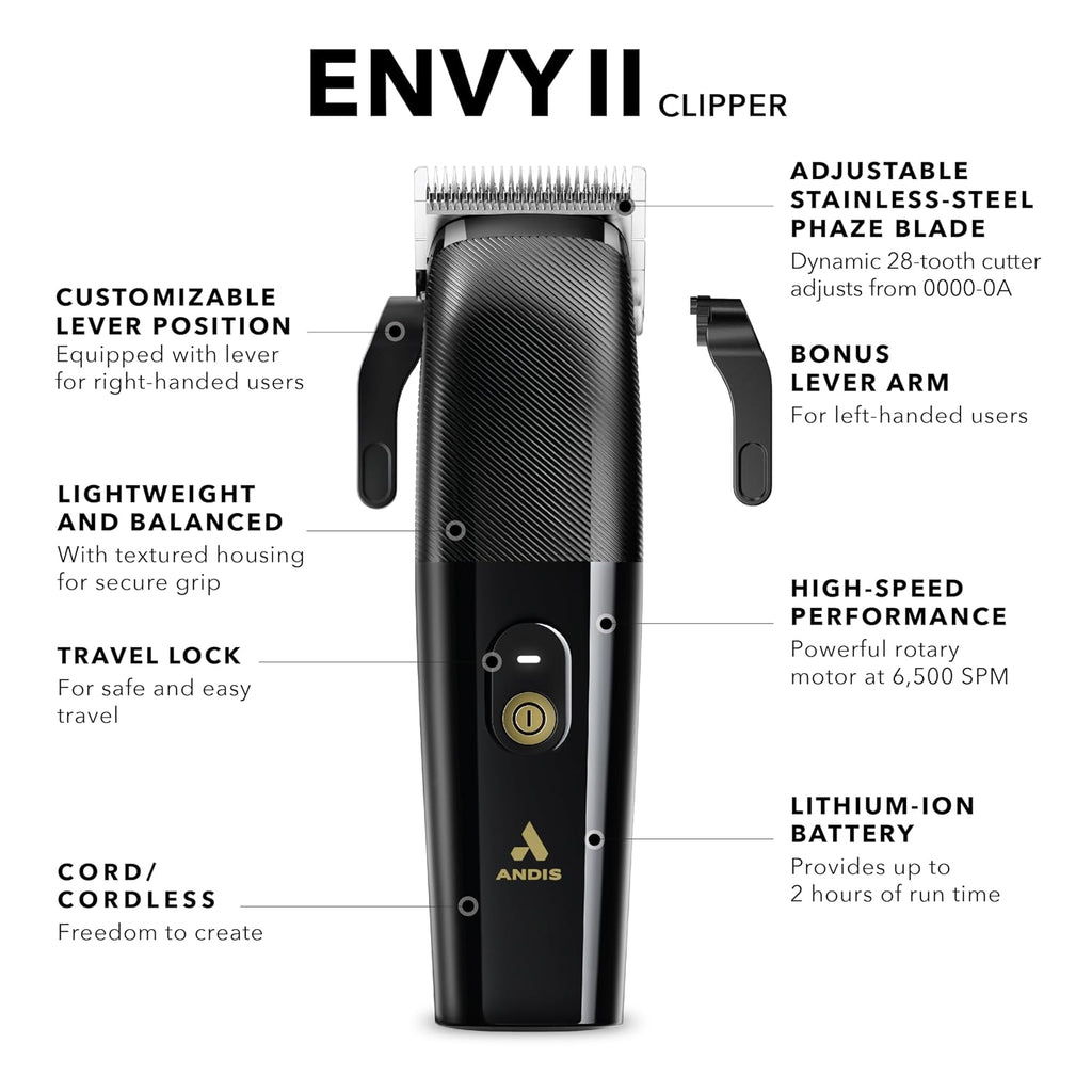Andis Envy II Cordless Clipper, Professional Lithium-ion Electric Beard & Hair Clipper, Phaze Blade, Cordless, Black