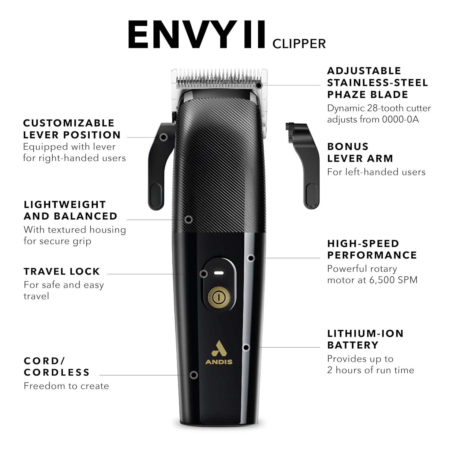 Andis Envy II Cordless Clipper, Professional Lithium-ion Electric Beard & Hair Clipper, Phaze Blade, Cordless, Black