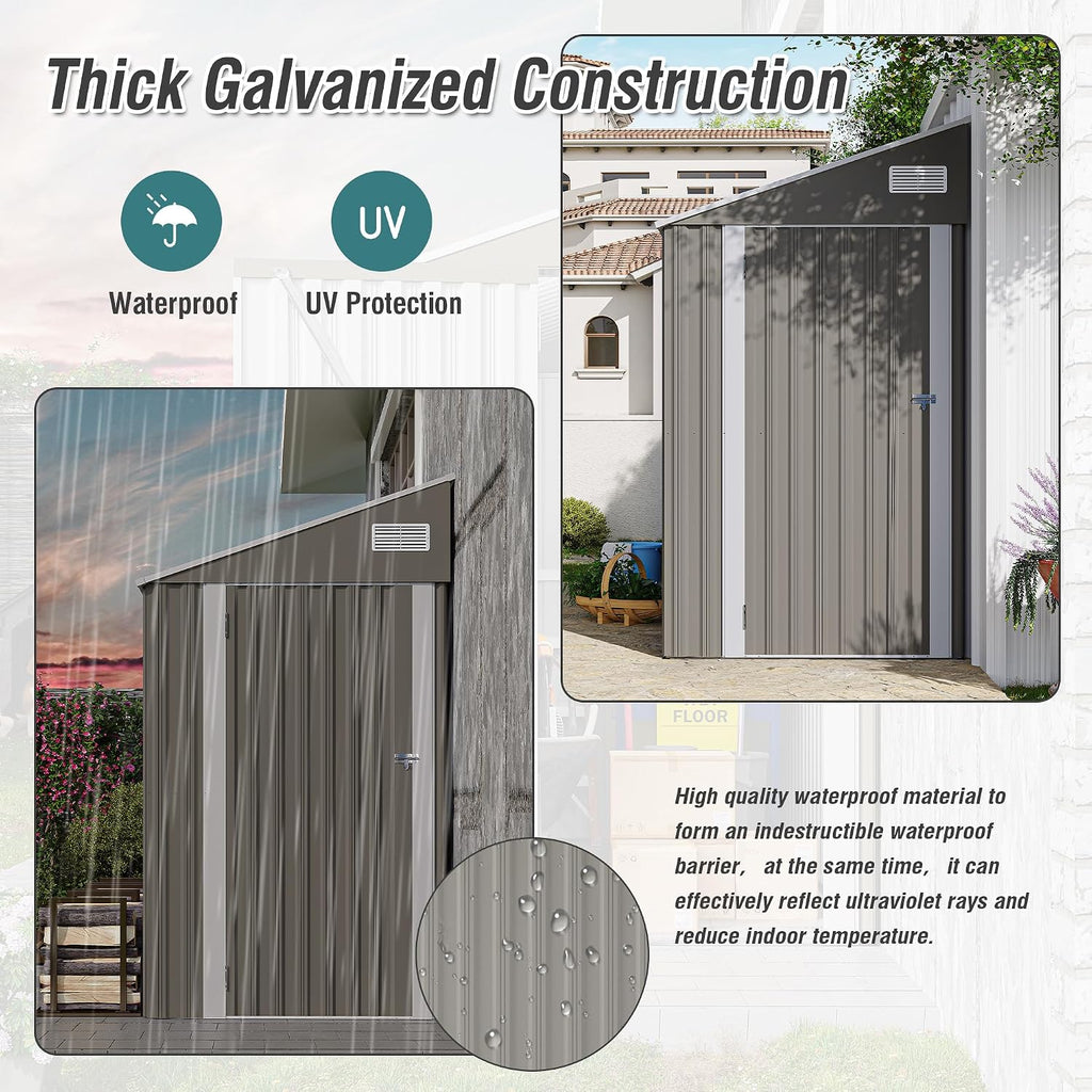 4x8 FT Metal Outdoor Storage Shed, Lean-to Garden Tool and Bike Shed with Lockable Door and Air Vents, Waterproof Sloped Roof Steel Utility Shed for Backyard, Patio,Lawn Equipment, Dark Gray