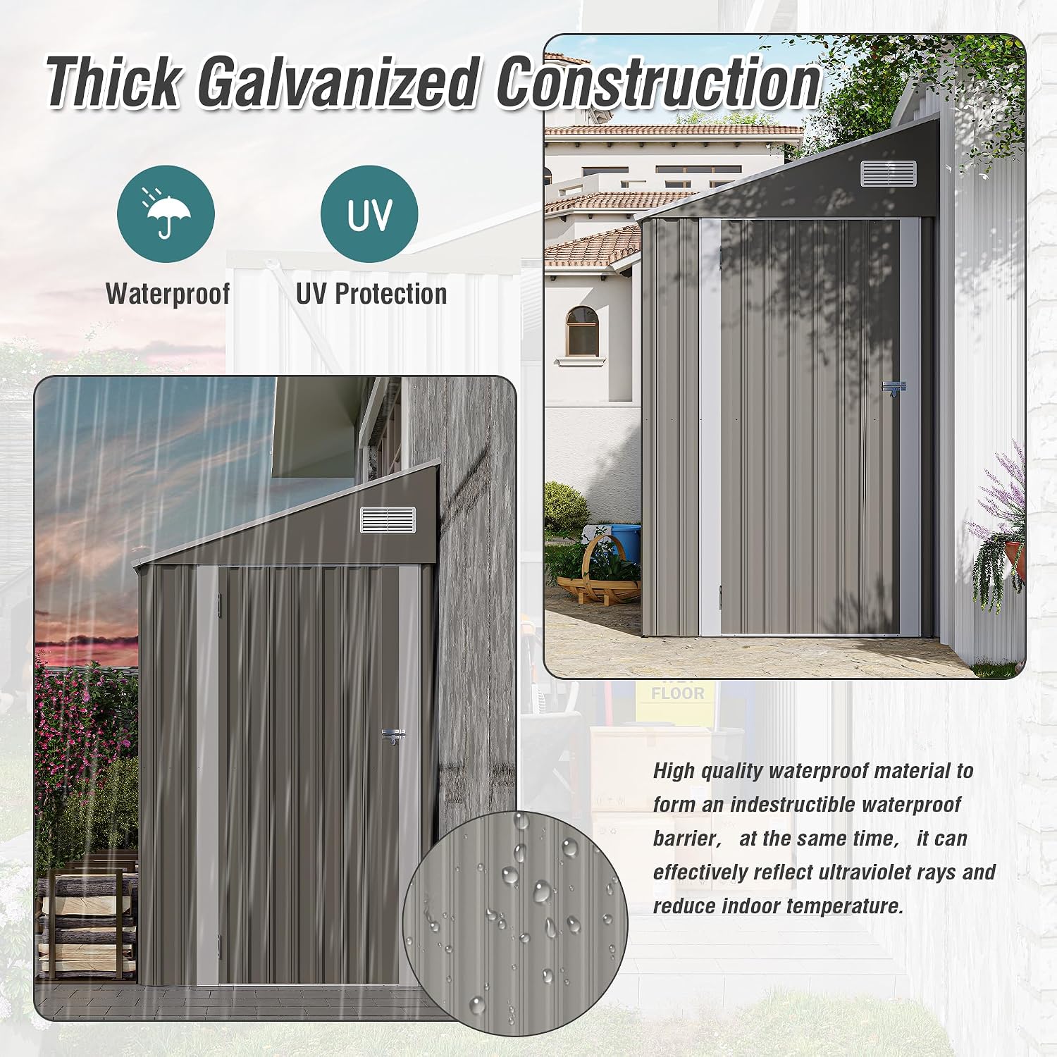4x8 FT Metal Outdoor Storage Shed, Lean-to Garden Tool and Bike Shed with Lockable Door and Air Vents, Waterproof Sloped Roof Steel Utility Shed for Backyard, Patio,Lawn Equipment, Dark Gray
