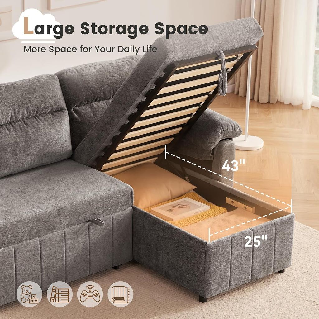 Tbfit 84'' Sleeper Sofa Bed, 3 in 1 Cloud Pull Out Sofa Couch with USB & Storage Chaise, Chenille Convertible Sofa Bed with Pull Out Bed, Couches for Living Room, Apartment, Office, Light Grey