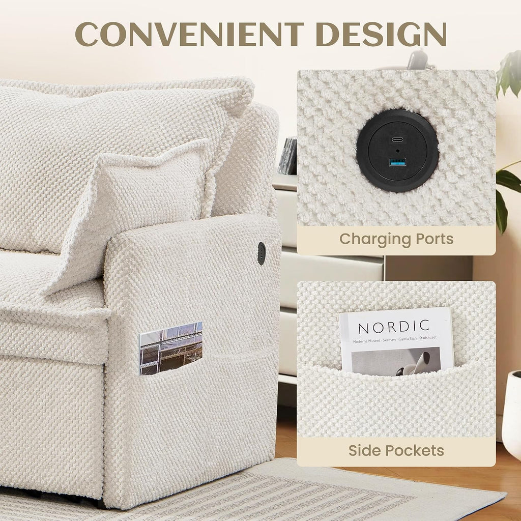 SUNWAVE 60' Pull Out Sofa Bed - Convertible Sleeper Sofa Bed, Corduroy Pull Out Couch Bed with USB Charging, Side Pockets for Living Room, Bedroom, Small Spaces (Cream, 60')
