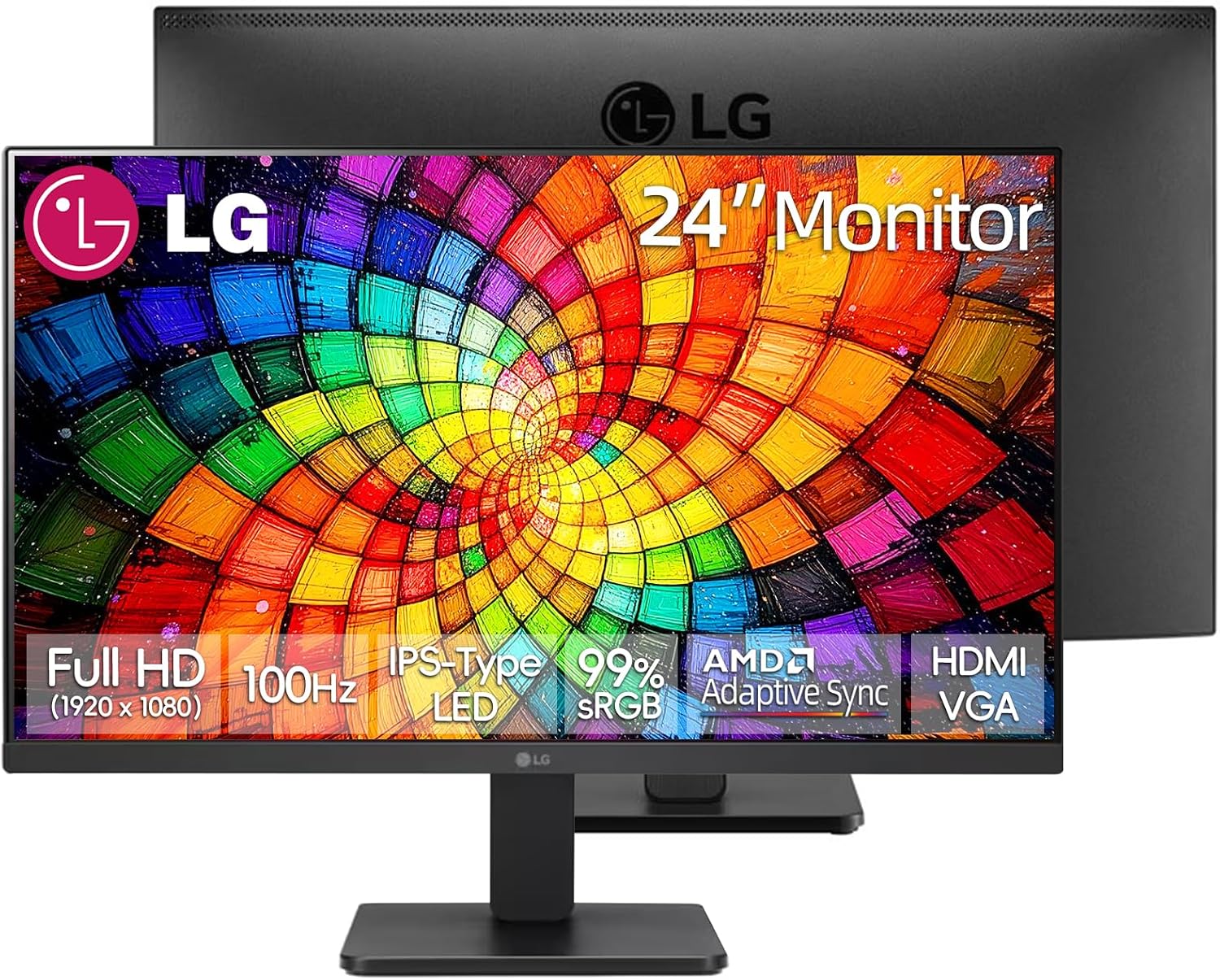 LG 24 inch FHD IPS 100Hz Monitor, AMD FreeSync, 99% sRGB, Black Stabilizer & Flicker Safe, Anti-Glare, 3-Side Borderless Display, OnScreen Control, VESA Mountable, HDMI & VGA, Tilt Adjustable, Black