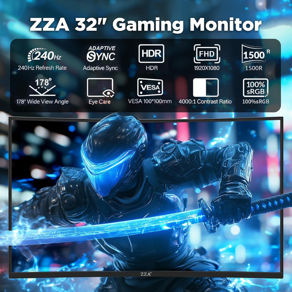 32 Inch Curved Gaming Monitor with 240Hz Refresh Rate, 1ms GTG, HDR600, 1500R Curvature, 1080P Resolution, 122% sRGB, FreeSync, G-Sync Compatible, DP and HDMI Ports, VESA Mount for Competitive Gamers