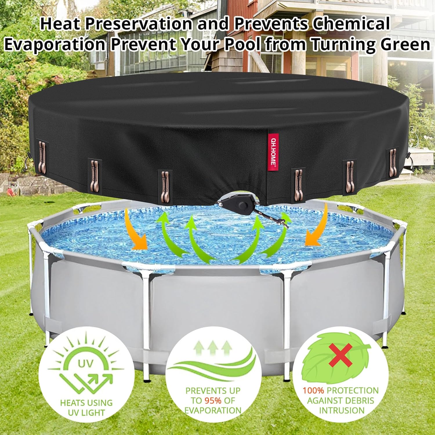 QH.HOME 24/26 Ft Round Pool Cover with Fast Tightening Patented Ratchet, Pool Covers for Above Ground Pools, One-Piece Tear Resistant Swimming Pool Cover Protector with Upgraded Ultimate Windproof
