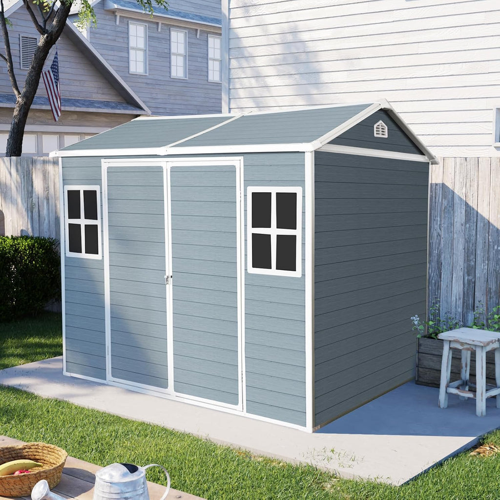 Ball & Cast 6x8 FT Resin Outdoor Storage Shed,Waterproof Garden Organizer Tool House with Floor & Two Windows,Backyard Cabinet w/Lockable Door and Ventilation,Shelter for Car,Bike,Lawnmower,Grey