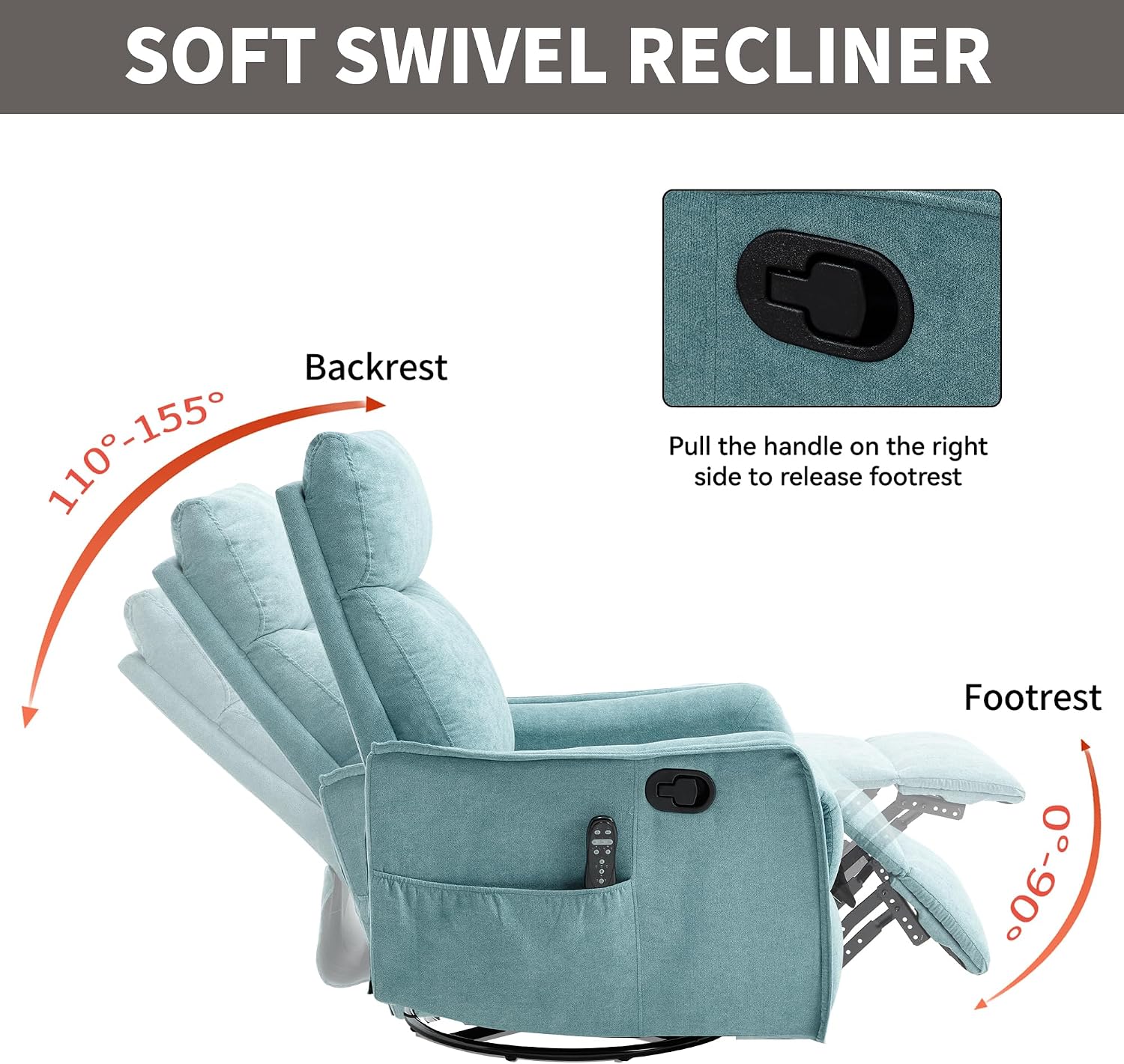 Massage Chair Recliner with Heat, 360° Swivel Glider Rocker with Reclining Backrest and Footrest, Manual Lazy Boy Recliners for Adults, Modern Nursery Rocking Chairs (Antique Blue Green)