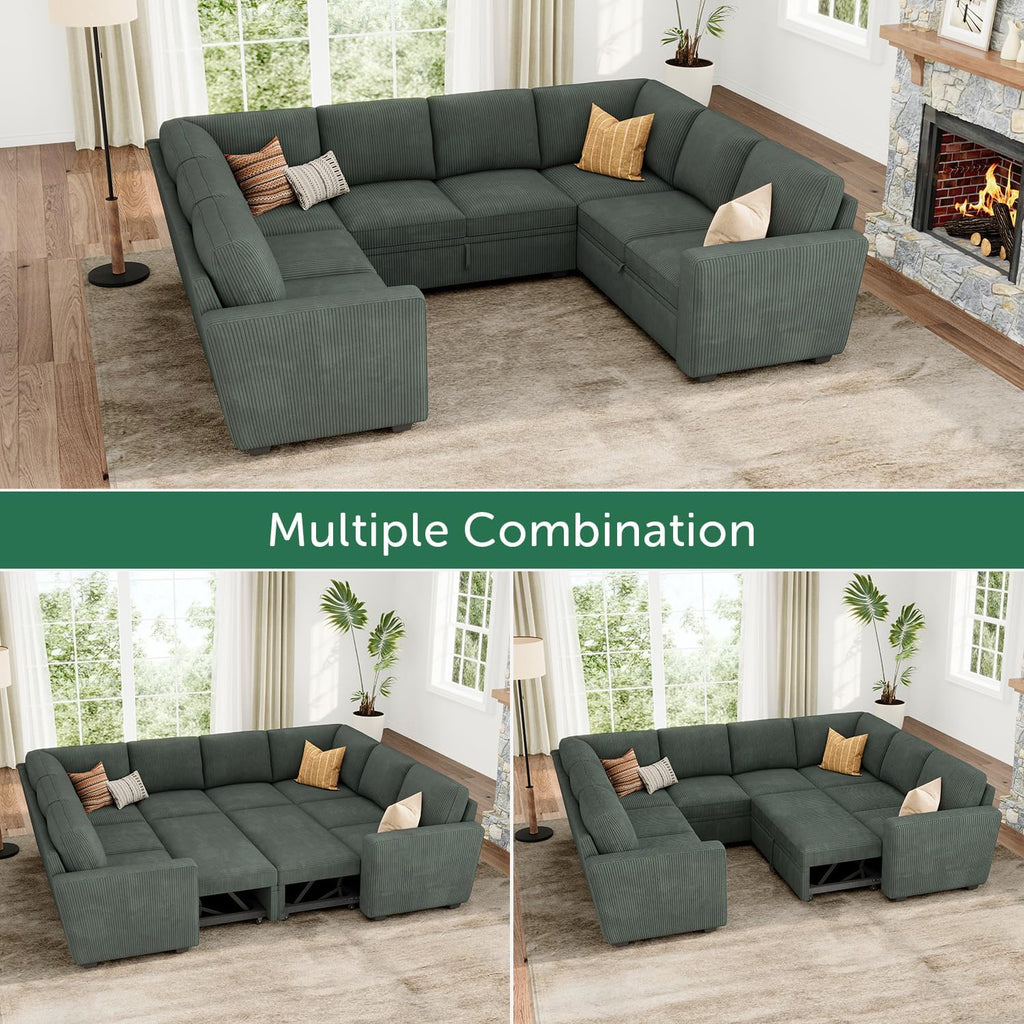 HONBAY Modular Sectional Pull Out Couch Bed, Corduroy Sleeper Sofa with Storage Seats, Oversized U Shaped Sectional Couches for Living Room, Green