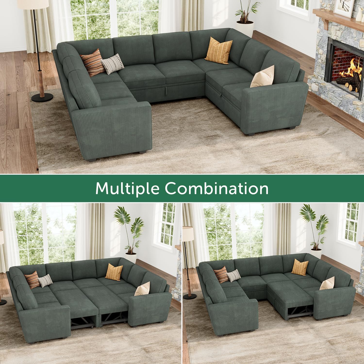 HONBAY Modular Sectional Pull Out Couch Bed, Corduroy Sleeper Sofa with Storage Seats, Oversized U Shaped Sectional Couches for Living Room, Green