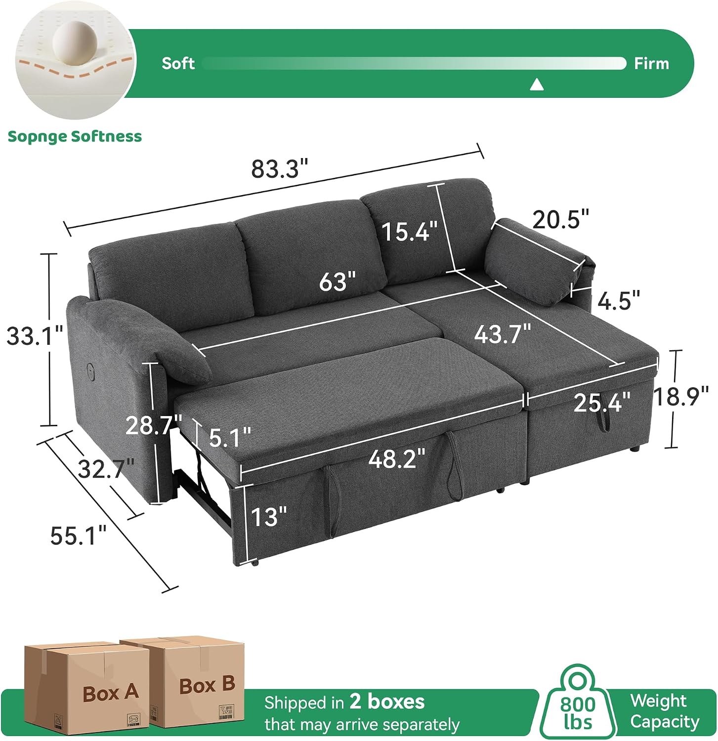 Tbfit 83'' Pull Out Sofa, 3 in 1 Sleeper Sofa Couch with USB & Storage Chaise, Comfy Sofa Bed with Pull Out Bed, Convertible Sleeper Sofas for Living Room, Small Spaces, Dark Gray