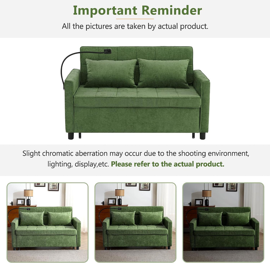Merax 3 in 1 Convertible Sleeper Sofa Bed, Futon Couches for Living Room with USB Ports | Phone Holder| Reversible Backrest | Pull Out Couch |Small Loveseat, Green