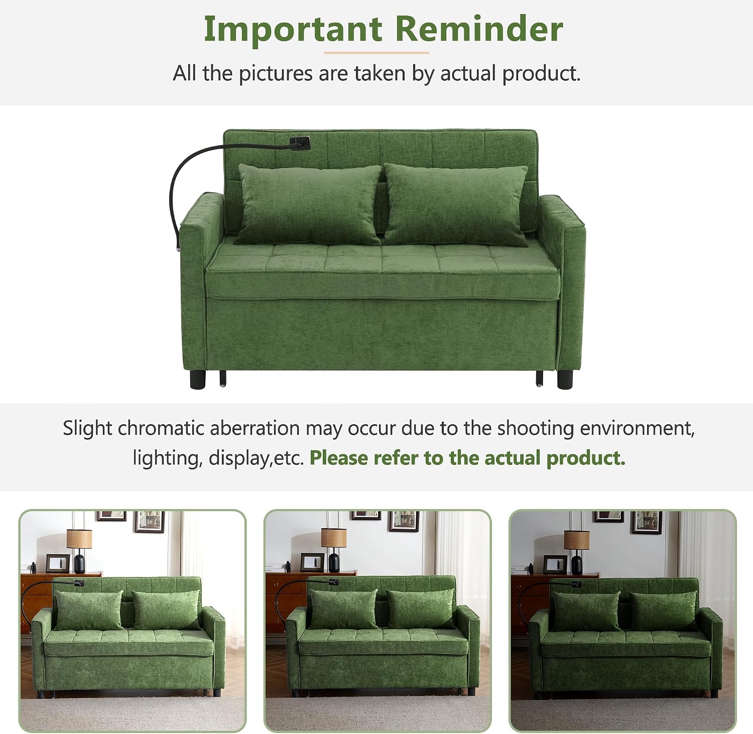 Merax 3 in 1 Convertible Sleeper Sofa Bed, Futon Couches for Living Room with USB Ports | Phone Holder| Reversible Backrest | Pull Out Couch |Small Loveseat, Green