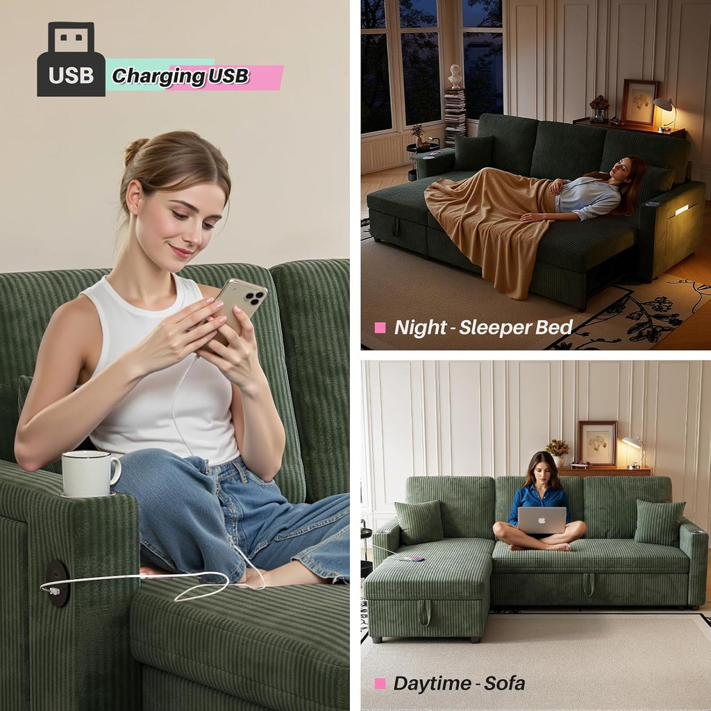 Sleeper Sectional Sofa, 83' Convertible Sofa Bed with Pull Out Couches, Small Desktop, L Shaped Couch with Reversible Chaise, Cup Holders, USB, Modern Corduroy Sofas for Living Room Apartment, Green