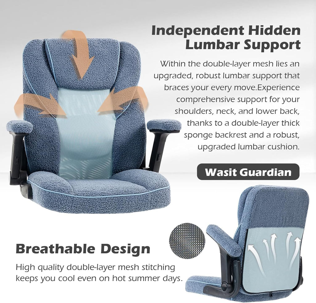 SEATZONE Home Office Desk Chairs with Wheels and Armrests,Office Chair Comfortable Ergonomic Mesh with Teddy Fleece Fabric Executive Computer Chairs for Adults and Teens,Blue