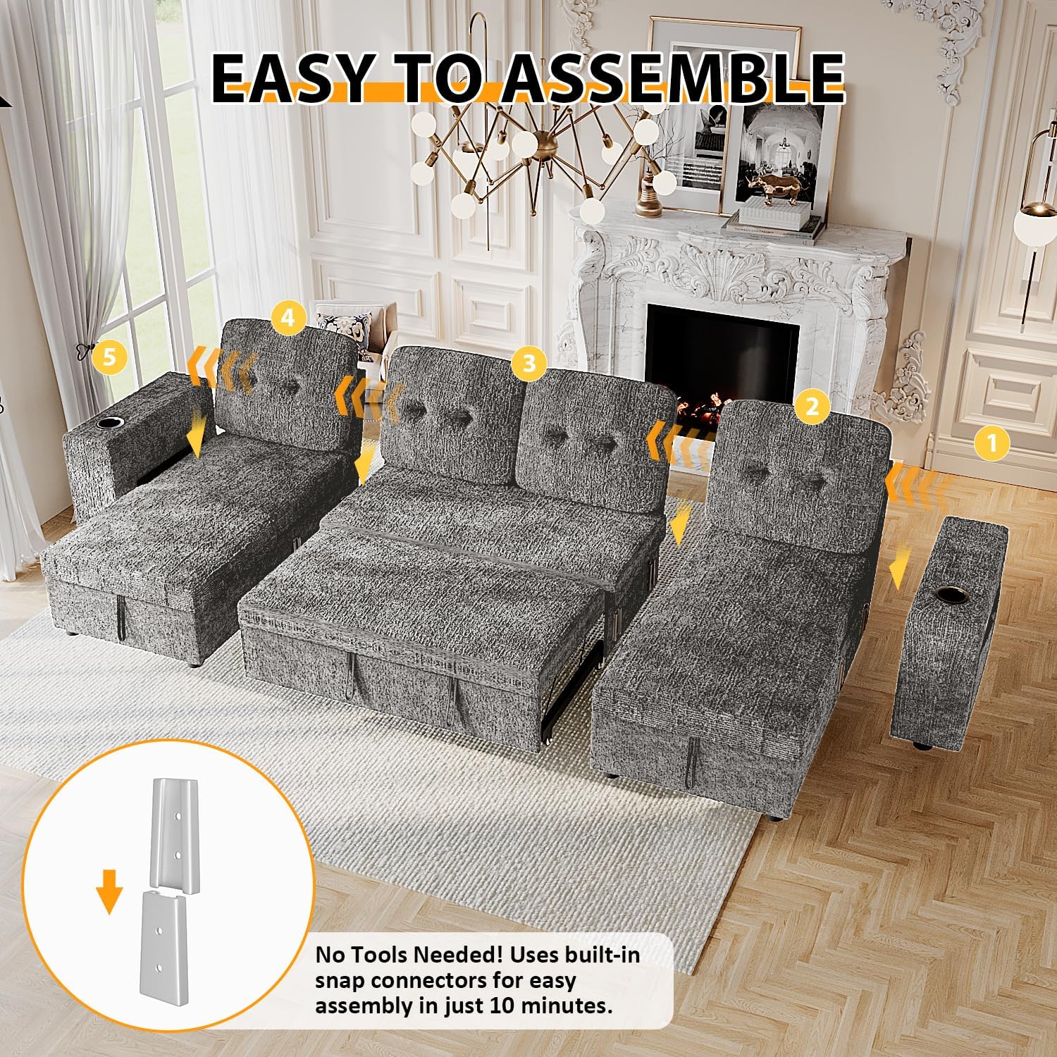 117' Sleeper Sofa Bed, U-Shaped Sofa with Dual Reversible Storage Chaise | Adjustable Backrest | Wide Armrest, Sectional Couches for Living Room, 4 in 1 Pull Out Couch Bed, Grey Chenille