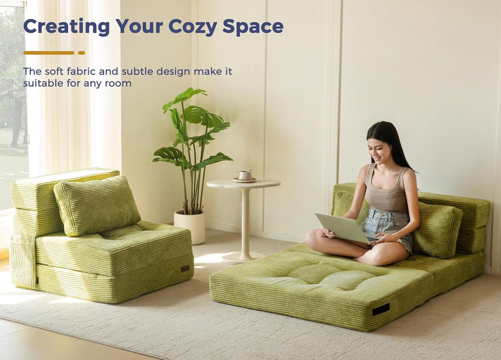 MAXYOYO Convertible Sofa Bed, Fold Out Sleeper Sofa with Pillow, 4 in 1 Tufted Folding Couch Bed Foam Floor Couch, Lazy Chair for Living Room Bedroom Guest Room, Green