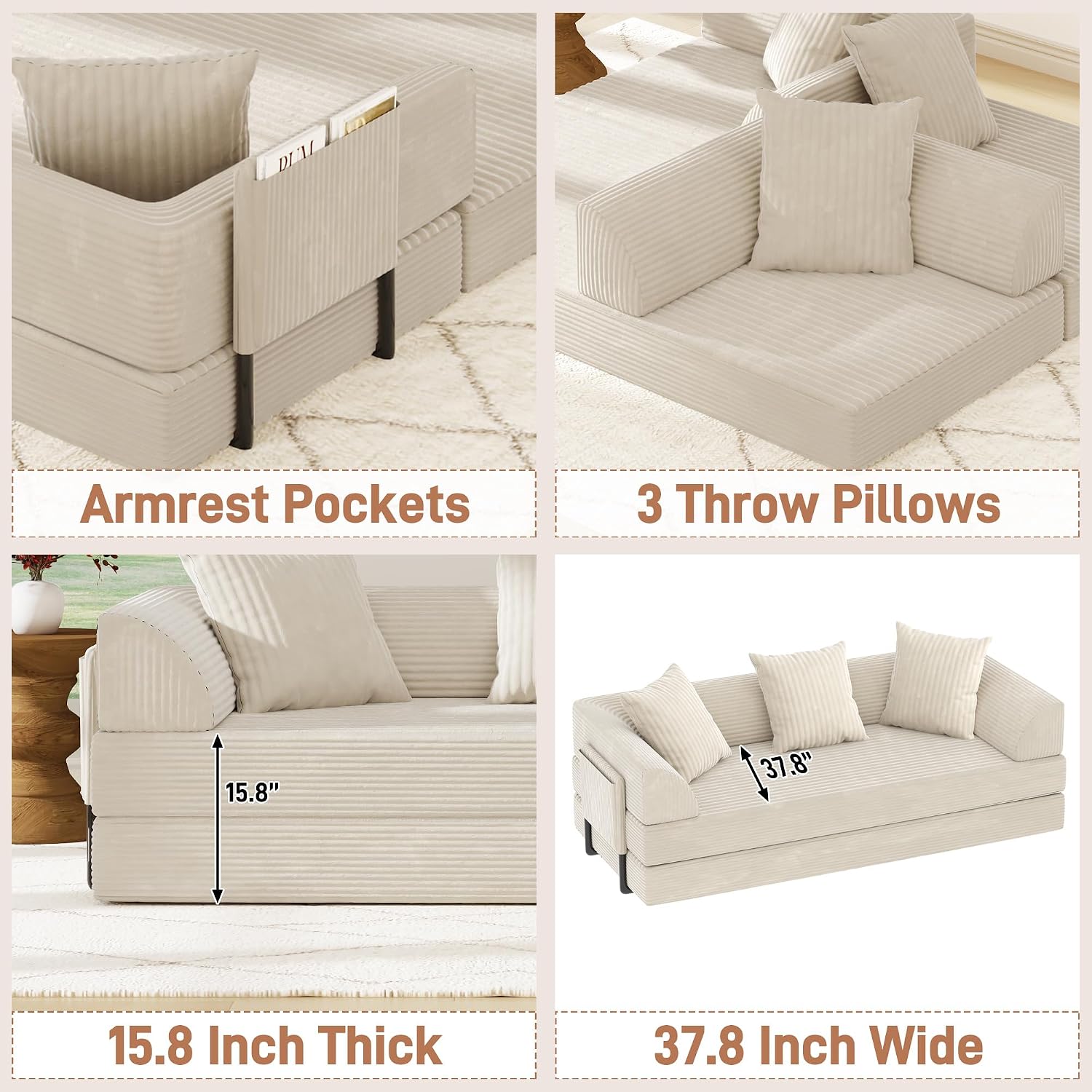 Folding Convertible Sofa Bed with 3 Pillows, 79 ' Corduroy Boneless Couch with Armrest Pockets, Lounge Loveseat Sleeper with Pull Out Bed, Memory Foam Compressed Sofa for Living Room Bedroom, Beige